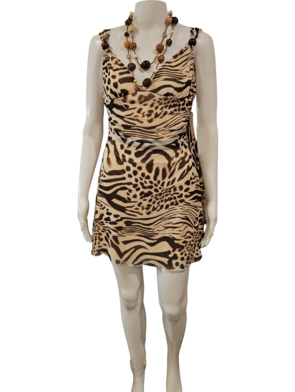 Persaya Beige and Black Animal-Print V-Neck Mini Dress Meduim NWT